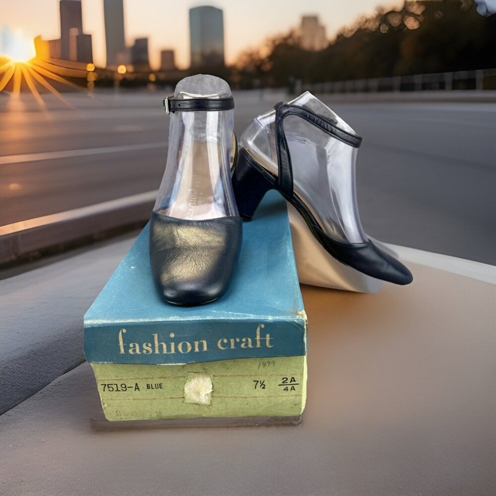 ✅Woman 7.5 2A/4A VTG Fashion Craft Heels Blue Leather Ankle Strap ✅Nostalgia USA